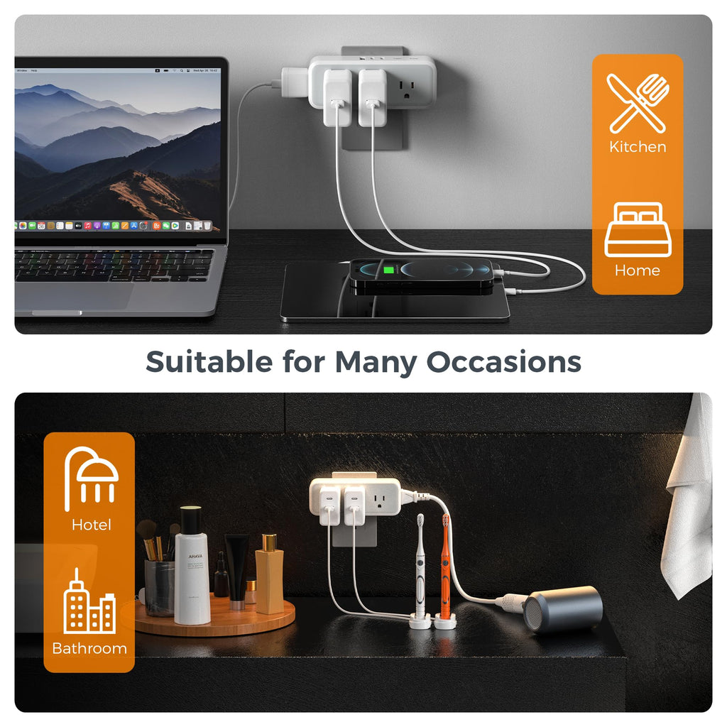 Multi Plug Outlet Extender, Wall Charger, TESSAN Multiple Plug Surge Protector, 5 Outlets and 3 USB (2 USB C), Electrical Power Expander with Surge Protector Spaced for Home Office Dorm Room
