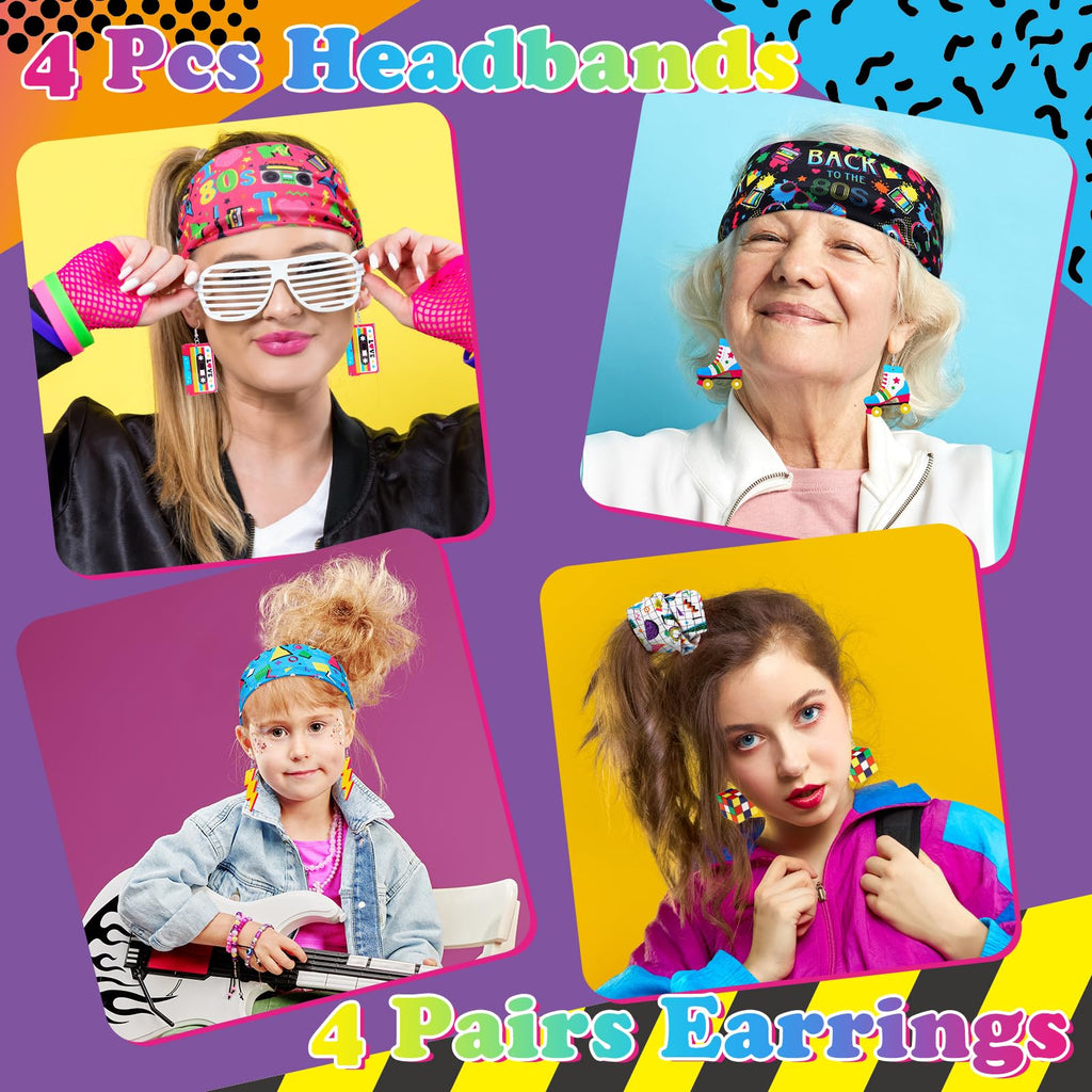 Yussti 80S Accessories for Women 4 Pairs Retro Earrings 4 PCS Headbands
