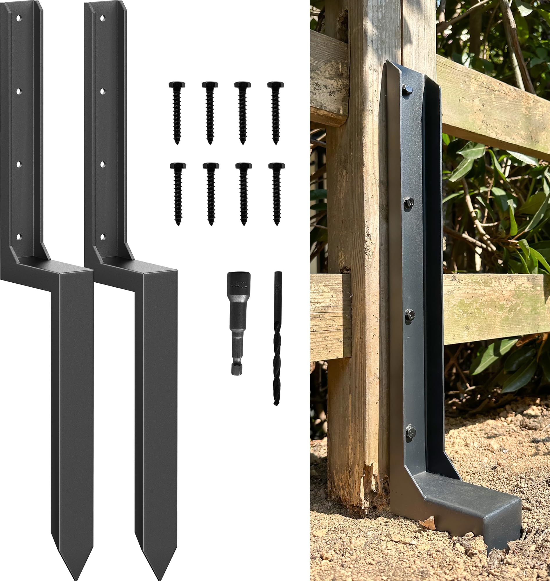ARKSOLDIER Fence Post Repair Kit - Quick Fix Broken/Leaning 4x4/6x6 Wood Posts Support with One-Piece Steel Anchor & Stakes (Thickened 11-Gauge, 2-Pack)