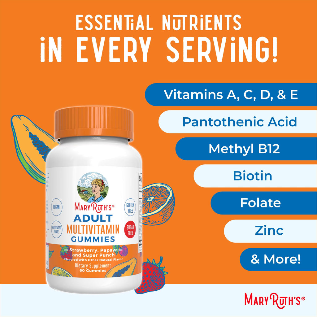 MaryRuth Organics Multivitamin for Women and Men | Sugar Free | Adult Multimineral Gummy with Vitamin C | D and E | B Vitamins | Biotin | Zinc | Vegan | Non-GMO | Gluten Free | 60 Count
