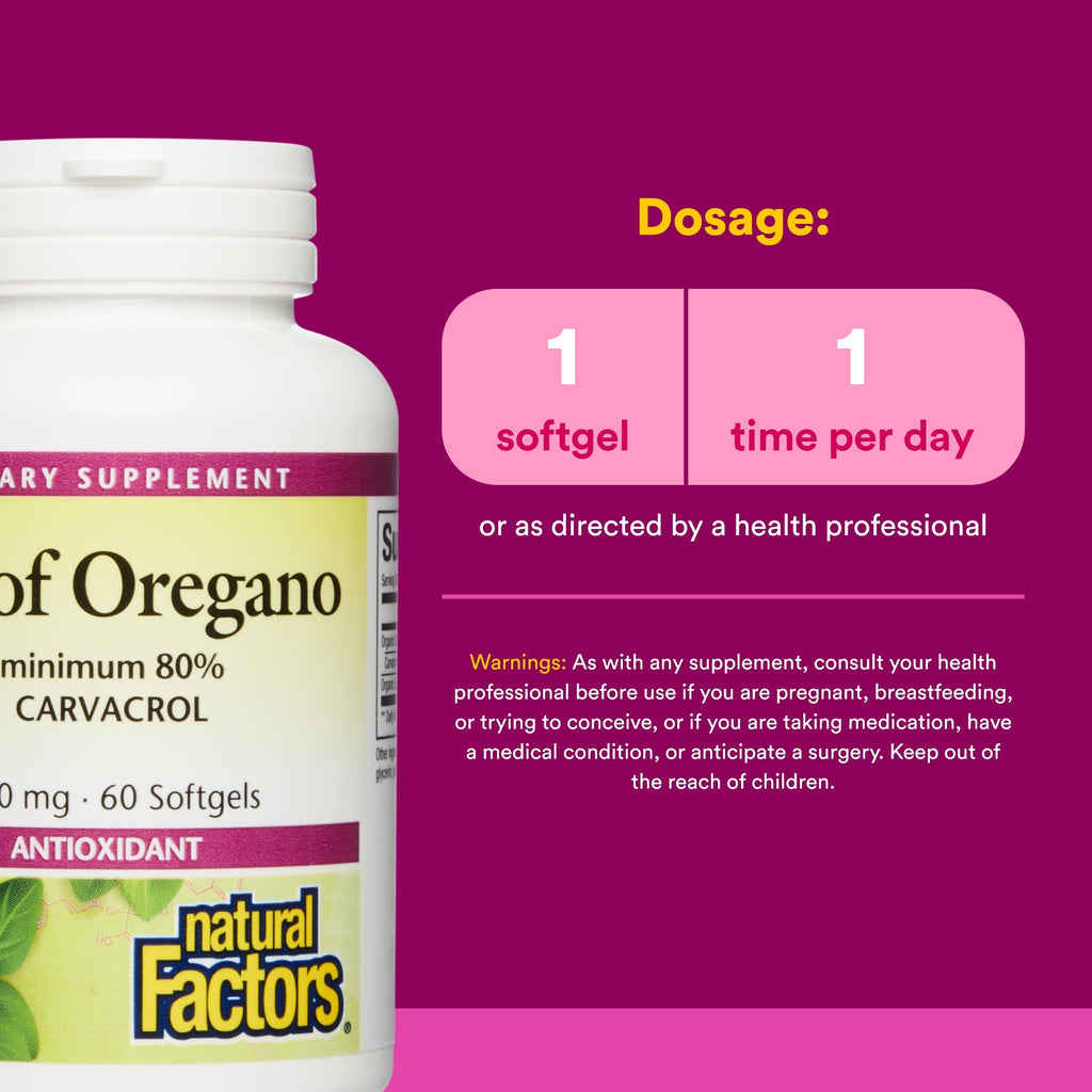 Natural Factors Oil of Oregano - Supports Healthy Immune System Function - Herbal Supplement with Olive Oil & Vitamin E - Non-GMO Antioxidant Support Supplement - 60 Softgels (60 Servings)