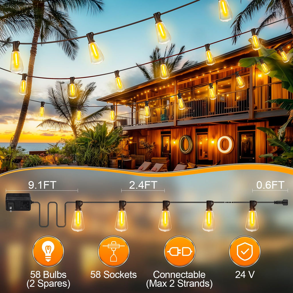Outdoor String Led Patio Lights - 150Ft 45M Outside Waterproof Light With Remote Dimmable ST38 Shatterproof Bulb Connectable Hanging Outdoor Electric Lighting For Backyard Yard Gazebo Porch Party