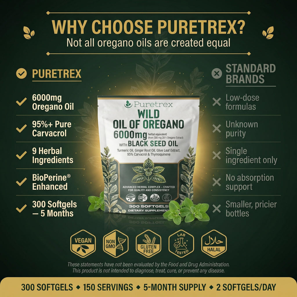 PURETREX Wild Oil of Oregano 6000mg with Black Seed, Turmeric & Ginger – 300 Softgels | 95% Carvacrol & Thymoquinone | Immune, Gut & Respiratory Support | High-Potency Herbal Complex – Vegan & Non-GMO