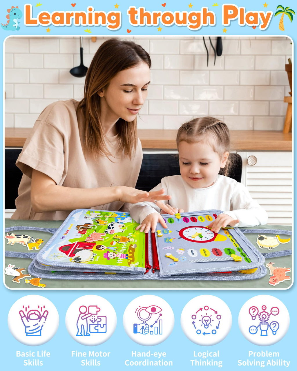 Gojmzo Busy Board Montessori Toys for Toddler Boy Girl Birthday Gifts, Busy Book Sensory Toys for Toddlers, Learning Educational Toddler Travel Activities