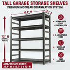 BEESTMUEBLE Garage Shelving, 3000 LBS Heavy Duty Metal Storage Shelves with Anti-Fall Rails, 5-Tier Adjustable Storage Rack for Garage, Warehouse, Basement, 35.4" W x 15.7" D x 72" H