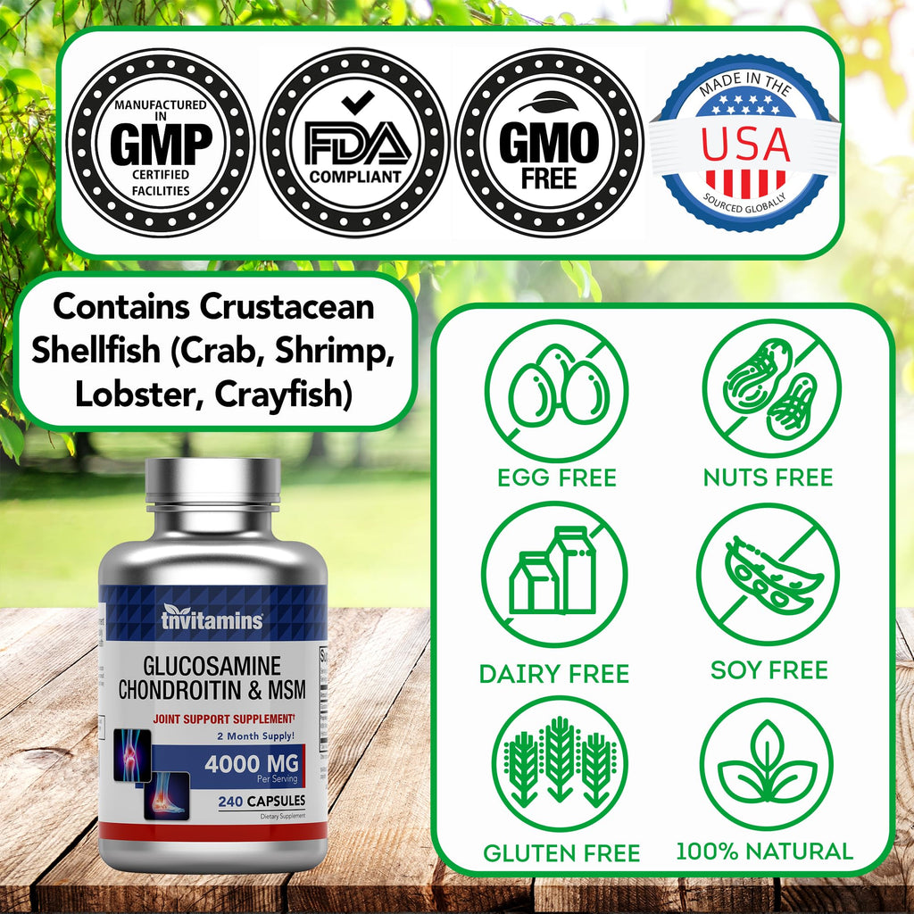 tnvitamins Glucosamine Chondroitin MSM Capsules, 240 Count | 4,000 mg Per Serving | 2,000 mg Glucosamine Sulfate 2KCl + 2,000 mg MSM & Chondroitin Blend | Joint Support Supplement
