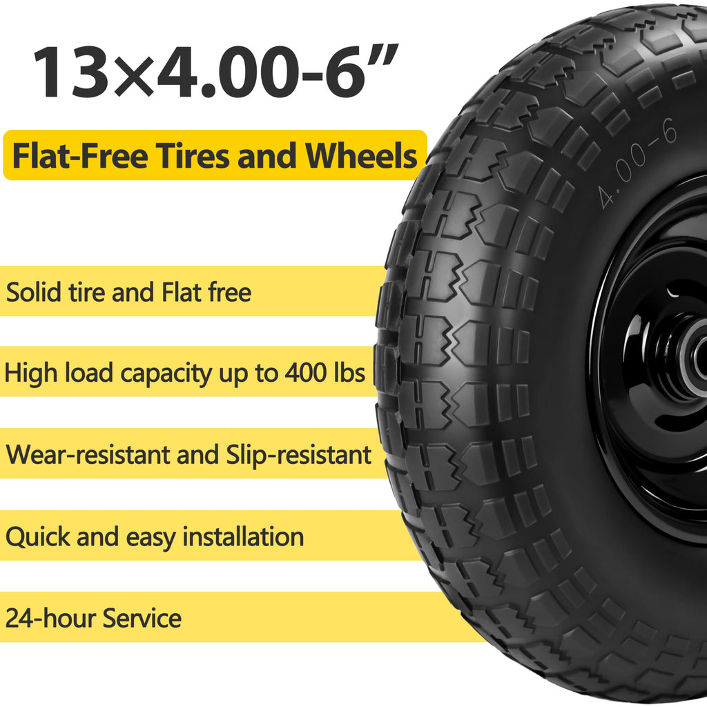 4Pc,13x4.0-6 Flat Free Tire and Wheel Replacement for Gorilla Cart,5/8"Axle