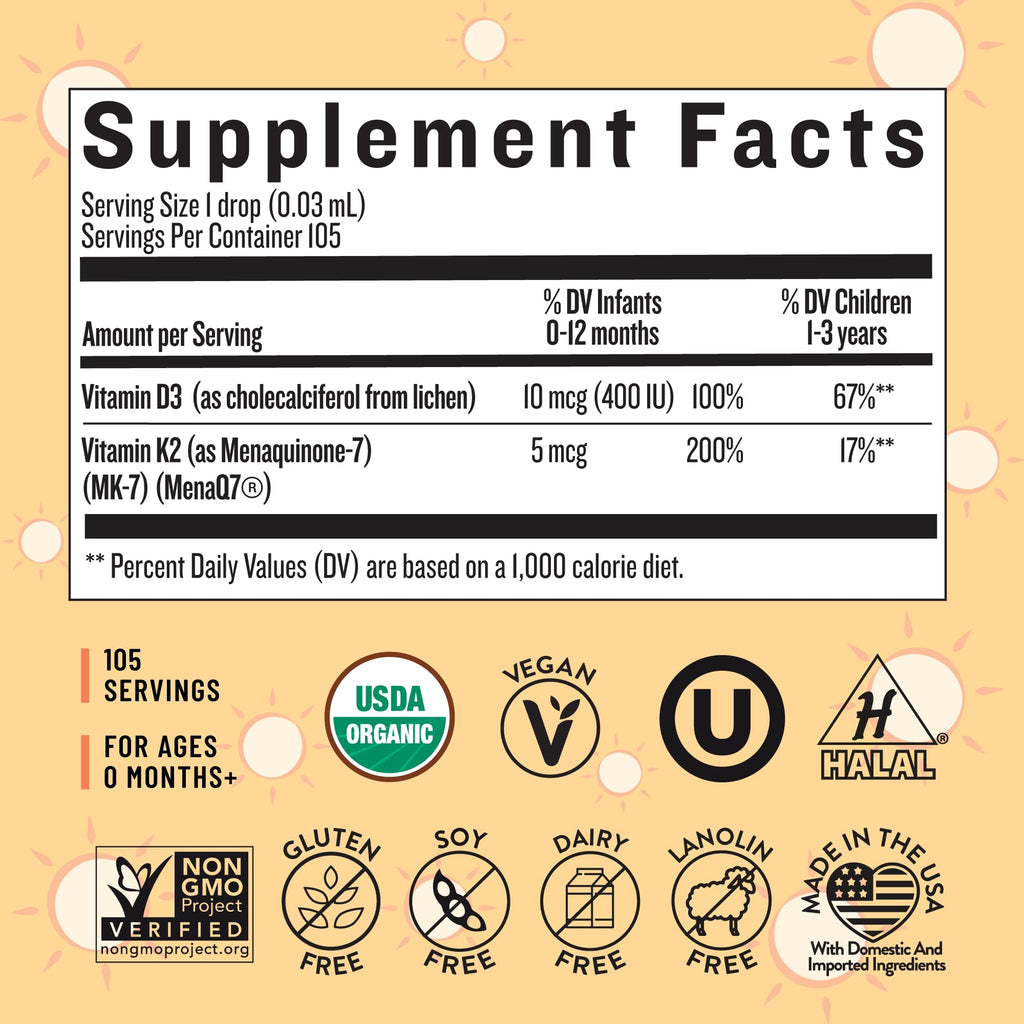 Legendairy Milk Vitamin D Drops for Infants, Organic Baby Vitamin D3 K2 Liquid 400 IU, Vegan for Newborns Toddlers & Kids, Childrens Supplement for Strong Bones & Teeth, Sugar Free, 90 Servings