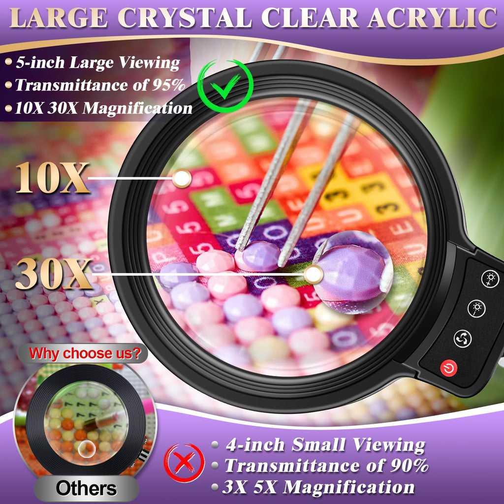10X 30X Large Magnifying Glass with Light and Stand, 5-inch Lighted Magnifier, 72 LED 3 Color Modes Stepless Dimmable, Hands-Free Magnifying Glass Desk Lamp for Reading Craft Hobby Close Work Black