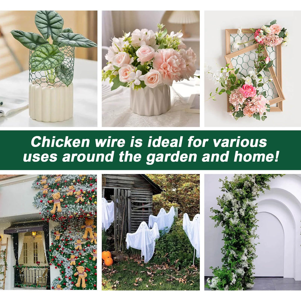 ROADPLUM 4 × 236 in Floral Wire Netting, Green Chicken Wire for Floral Arrangements, Galvanized Coated Chicken Mesh Netting with Plier & Plant Ties for Floral Supplies | Garden Fencing | DIY Craft