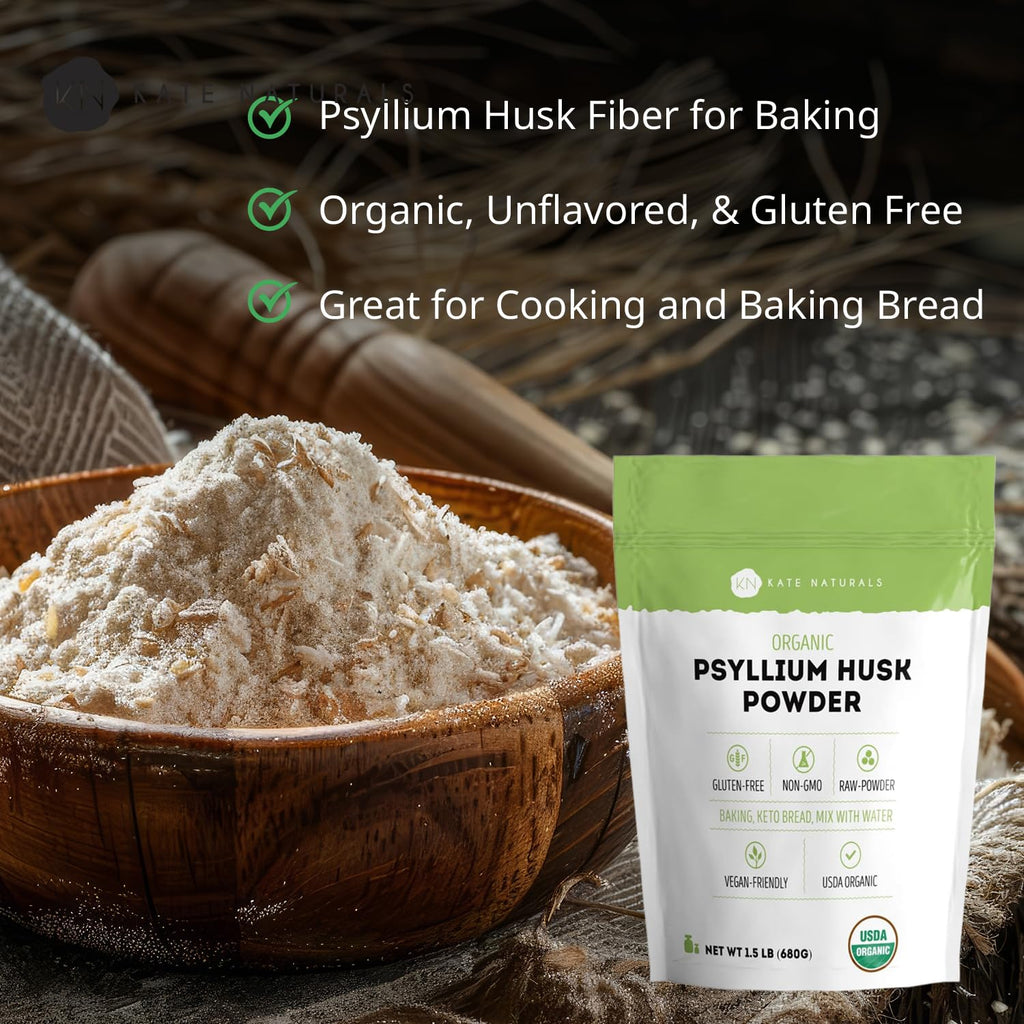 Kate Naturals Psyllium Husk Powder for Fiber, Digestion & Baking Bread. Mixes Easily with Juice & Smoothies (1.5lb, Organic, Gluten Free, Fine Ground)