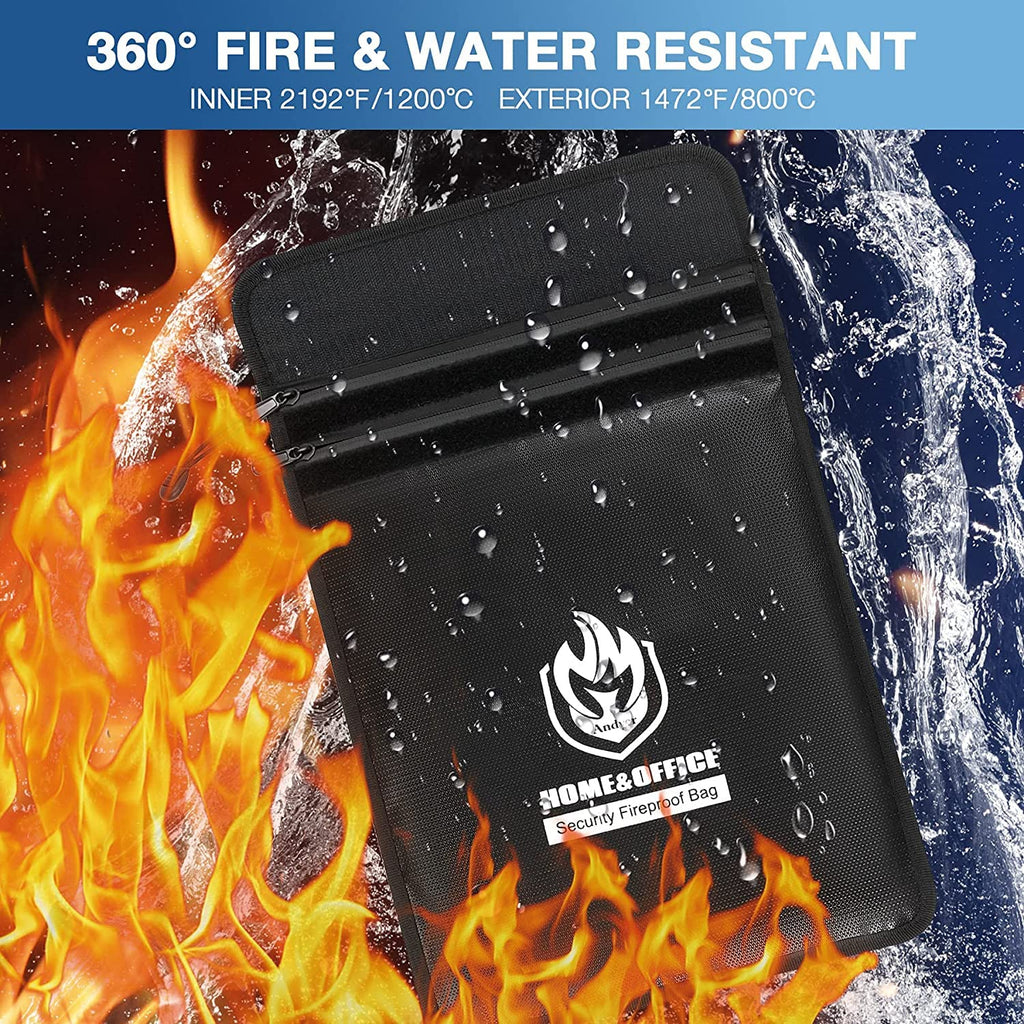 Upgraded Two Pockets Fireproof Document Bag (2000℉), andyer 15”x 11”Waterproof Fireproof Money Bag with Zipper, Waterproof Holder Pouch Fire Safe Envelope for Valuables, Legal Documents (Jet Black)