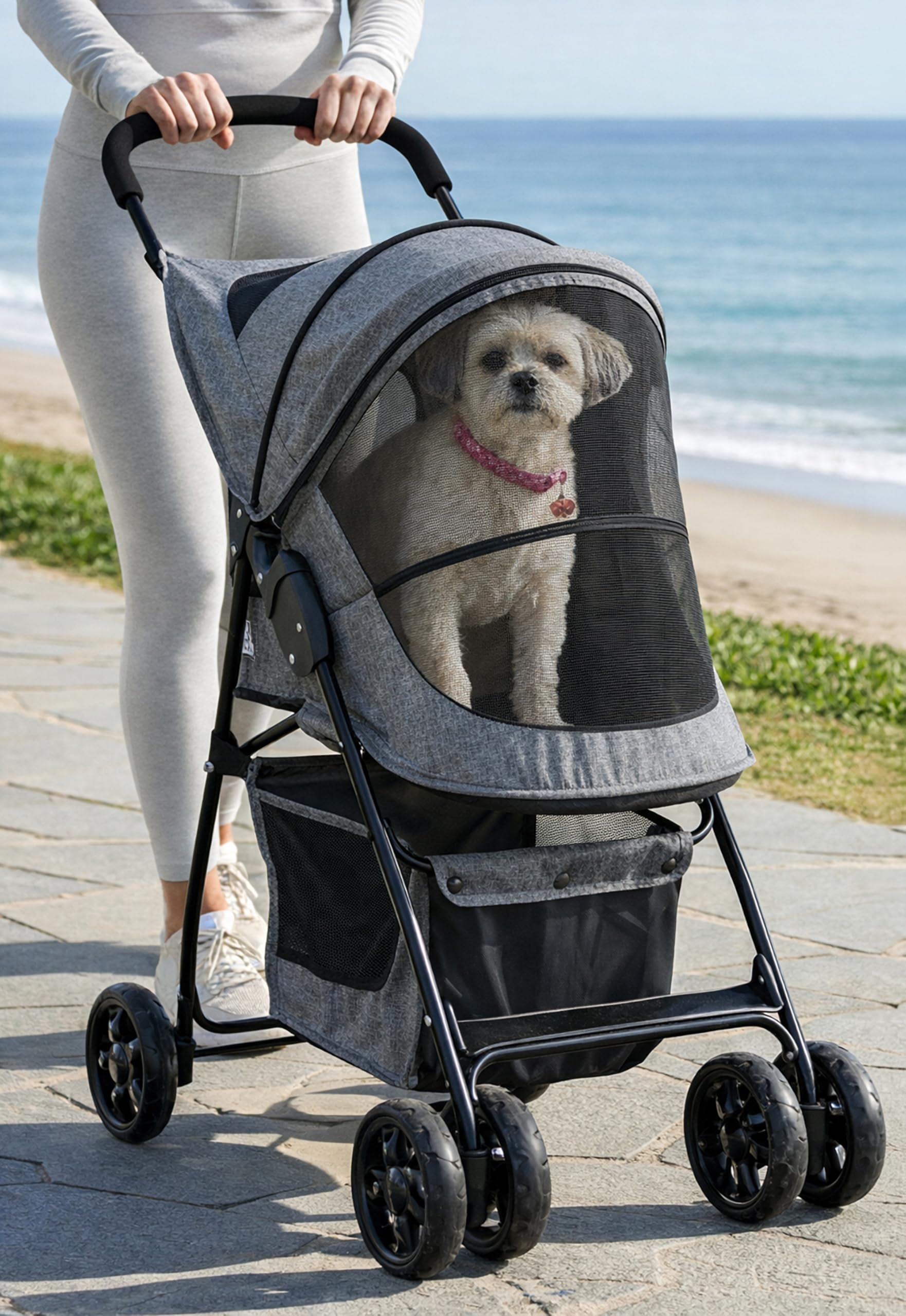 Pet Gear Happy Trails Lite Pet Stroller for Cats/Dogs, Zipper Entry, Easy Fold with Removable Liner, Safety Tether, Storage Basket, Titanium Grey