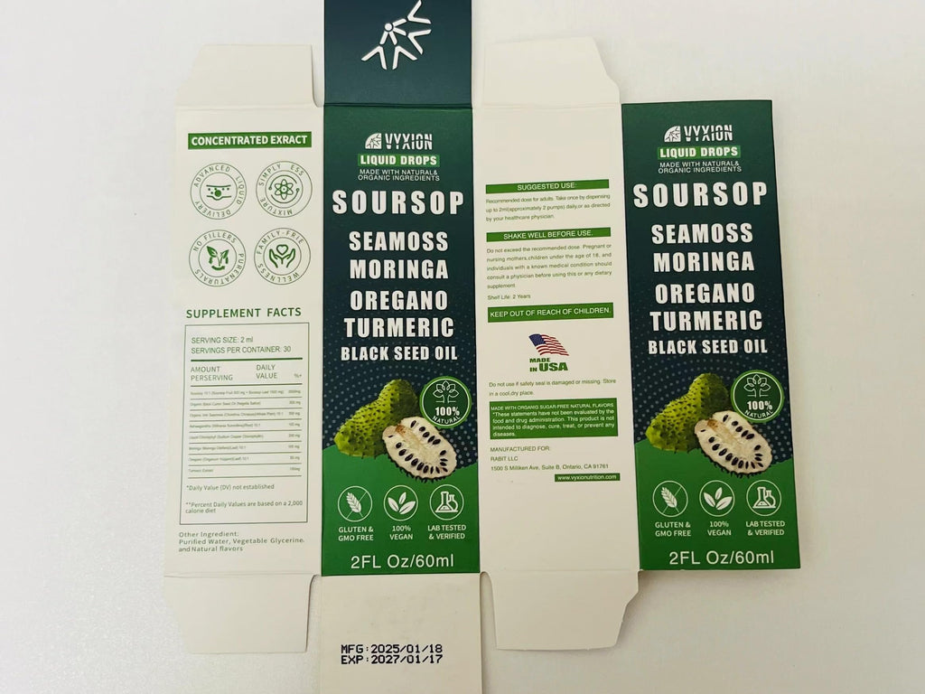 Vyxion Soursop Bitters Liquid Drops 10 in 1 with Sea Moss, Moringa, Turmeric, Black Seed Oil, Oregano, Ashwagandha | Herbal Extracts for Overall Health-Enhancing | Vegan, Non-GMO | 2 Fl Oz