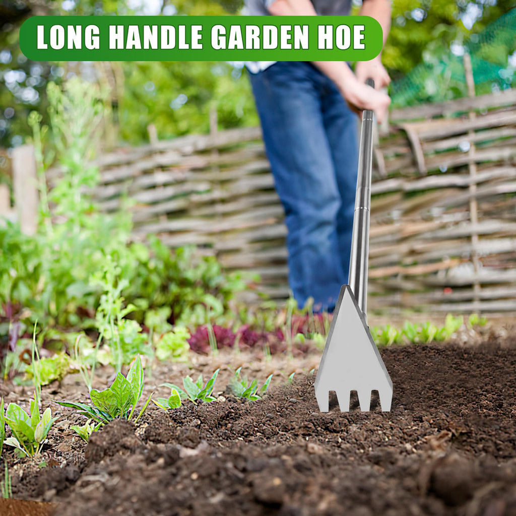 BARAYSTUS Hoe Garden Tool, 2-in-1 Garden Hoe & Weed Rake, 29.5"-57.7" Adjustable Long Handle, Stainless Steel Cultivator for Weeding, Digging, Loosening Soil, Planting & Root Removal