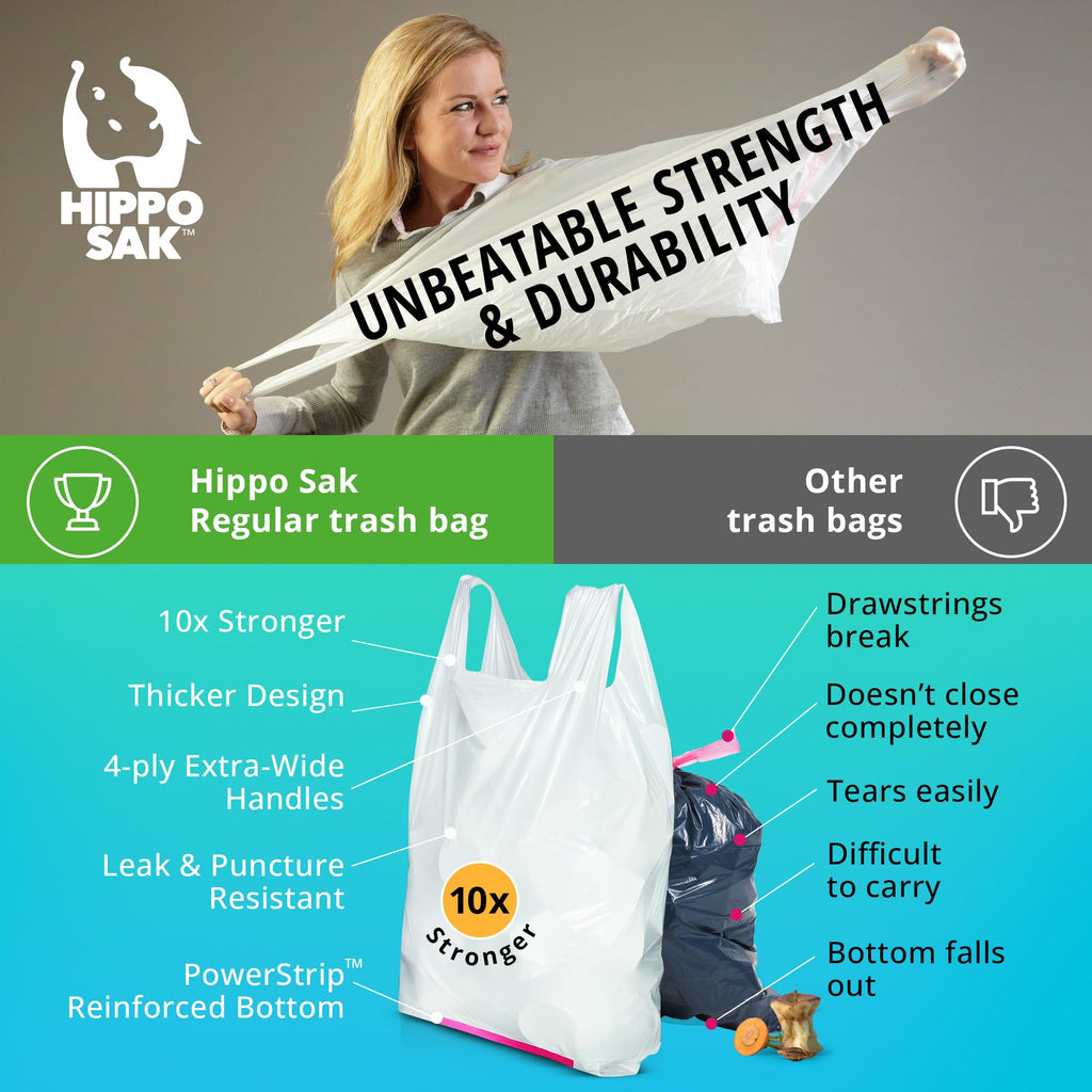 Hippo Sak - Kitchen Trash Bags 13 Gallon - Garbage Bags with Handles - 45 Count
