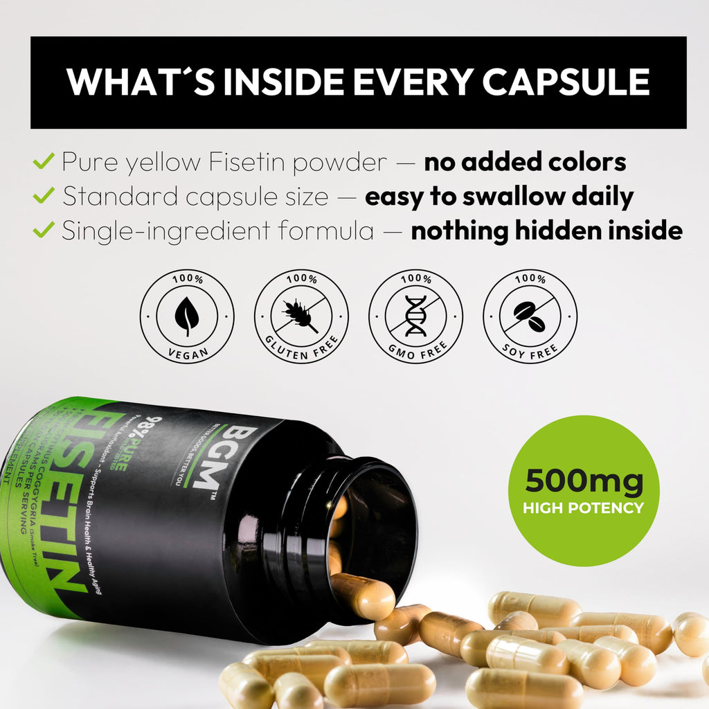 BGM Fisetin 500mg Supplement | Cotinus Coggygria (Smoke Tree) Extract | 98% Pure Flavonoid | Antioxidant Support | Vegan Capsules | 30 Count