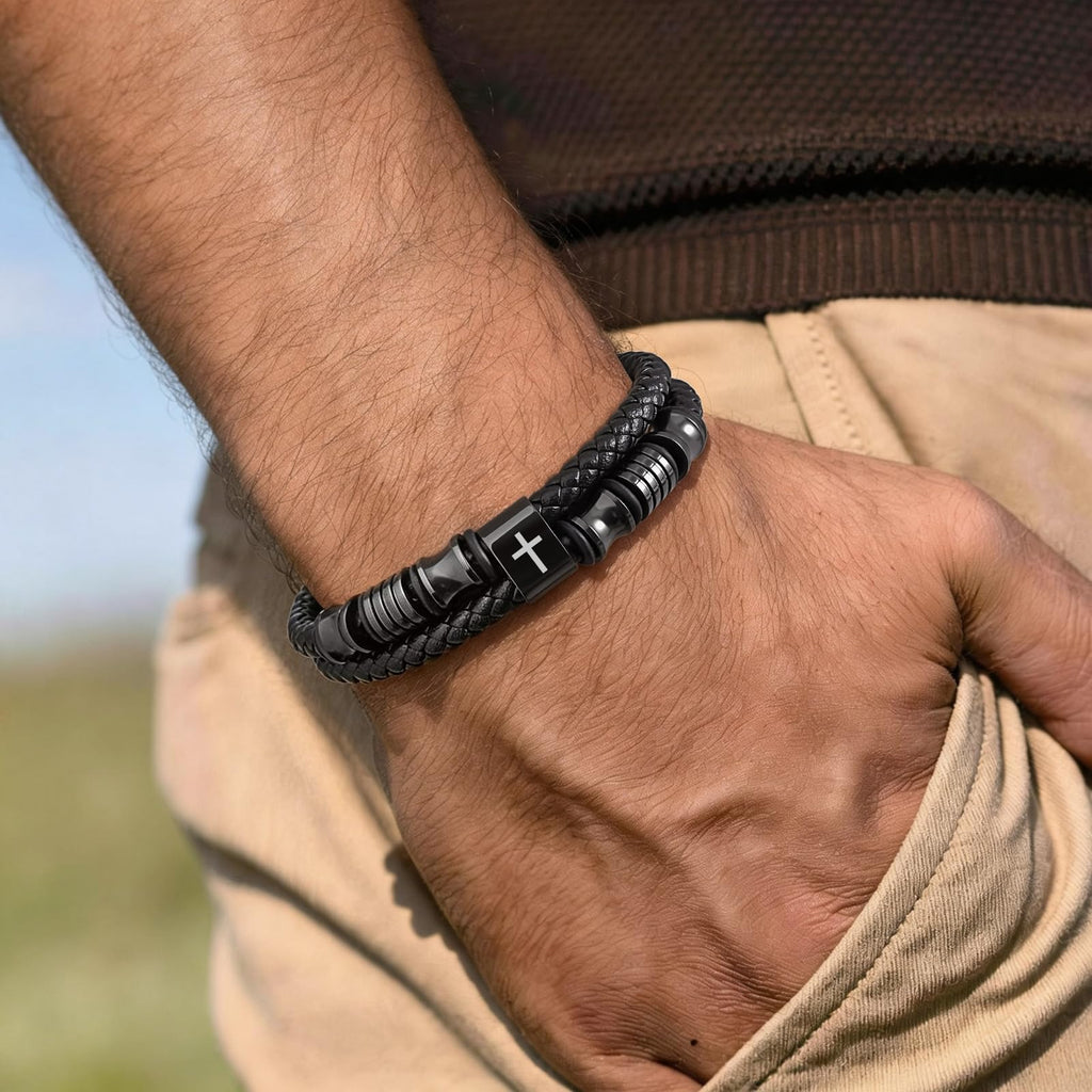 Christian Black Leather Bracelet for Men, Braided Leather Cross Adjustable