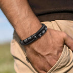 Christian Black Leather Bracelet for Men, Braided Leather Cross Adjustable
