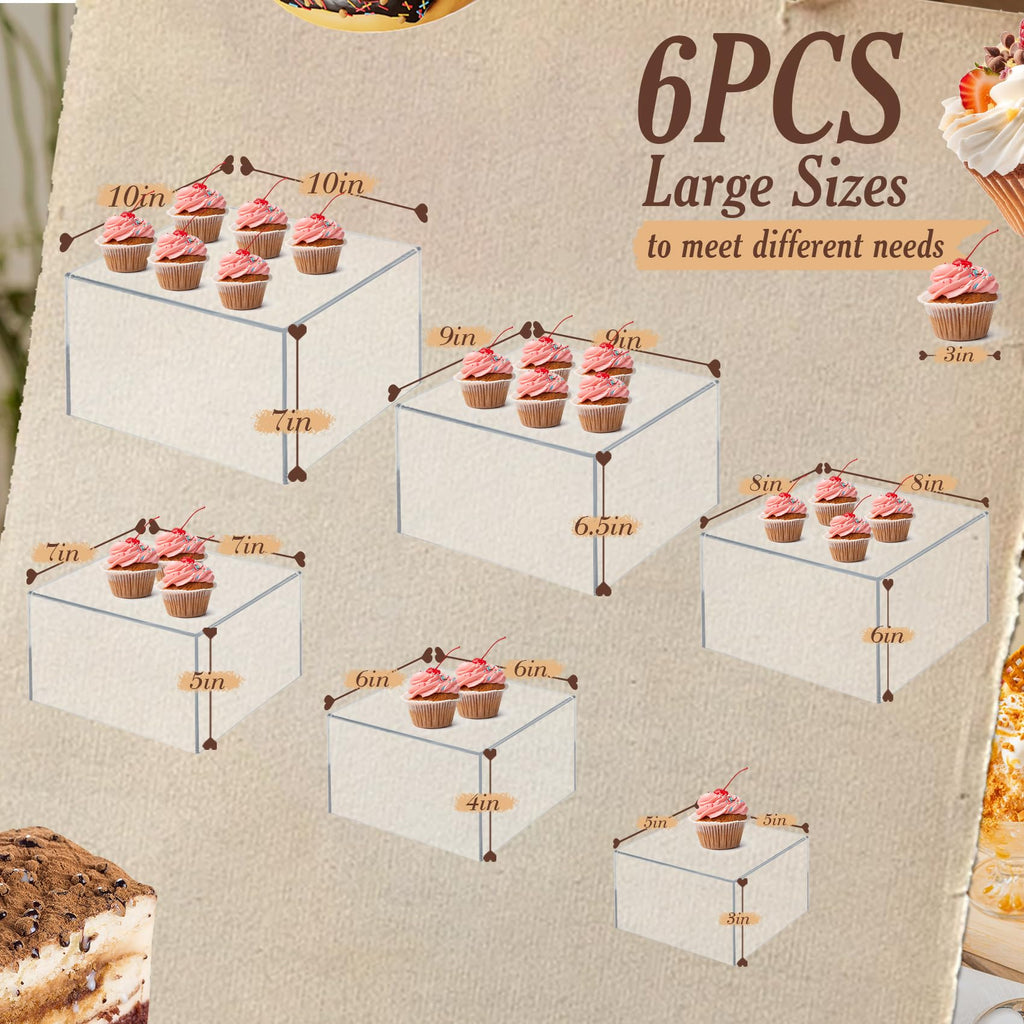 6 PCS Buffet Risers, Large Food Risers for Buffet Table, Food Display Risers for Party, White Acrylic Boxes Dessert Table Display Set, Risers Display Stands (Size 10" 9" 8" 7" 6" 5", Transparent)