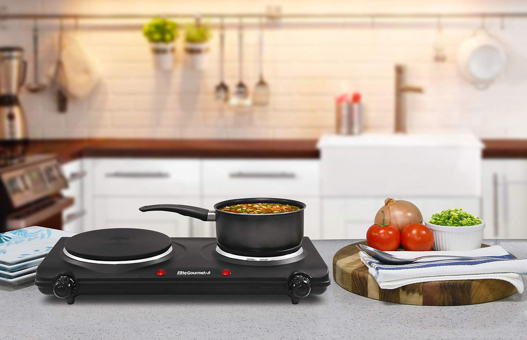 Elite Gourmet Double Cast Iron Burner, 1500W Hot Plate, Adjustable Temp