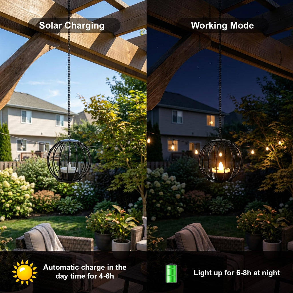Edenseelake Solar Hanging Lanterns Outdoor Waterproof, Metal Ball Candle Holder with Flickering Solar Powered, Chargeable Solar Lights for Backyard Patio Garden Fence Tree Decoration, 4 Pack