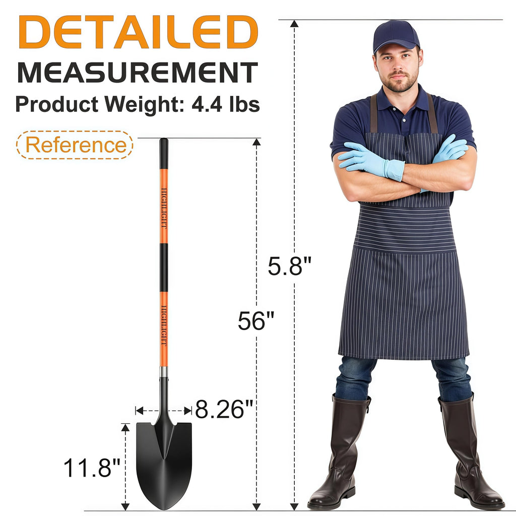 56-Inch Round Point Garden Shovel for Digging, Fiberglass Handle, Orange