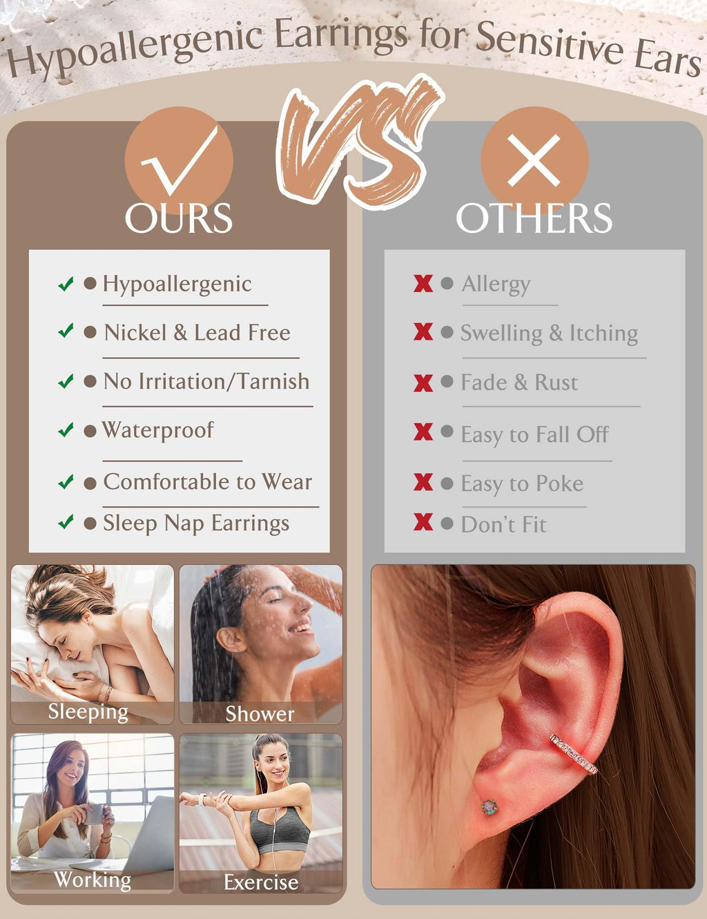 Jstyle Flat Back Earrings for Women Hypoallergenic Silver Earring Stacks
