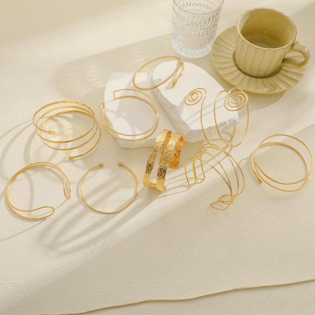 17KM 9PCS Gold Arm Cuff Bracelets for Women, Boho Statement Gold Upper Arm Bangle Band Armlet, Open Adjustable Cuff Bracelet set Stackable Jewelry