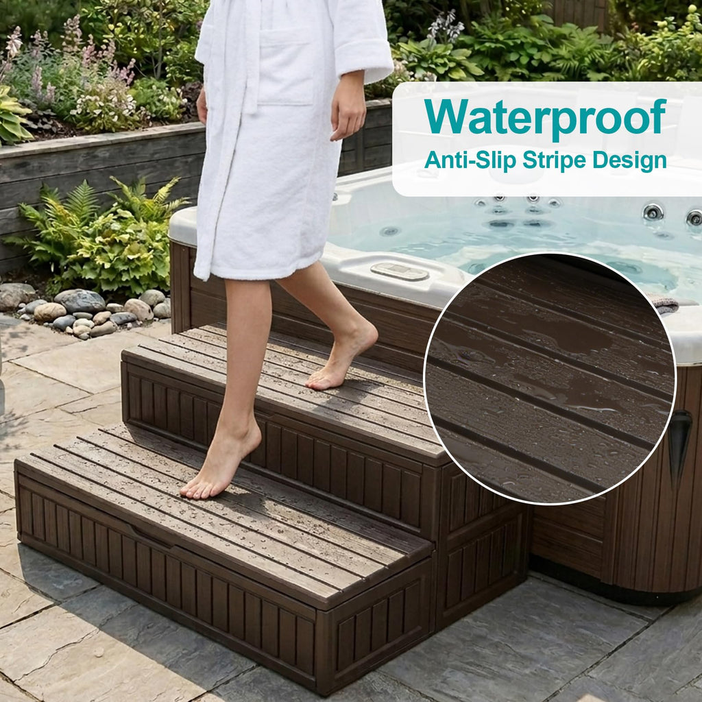 ROMIVO Hot Tub Steps with Storage Extra Wide, 2-Step Spa Stairs — Non-Slip Heavy Duty 500 lbs, Easy Assembly, Slip-Resistant, Universal for Hot Tub, RV, Camper, Pool Deck & Bath — Fits Any Size, Brown