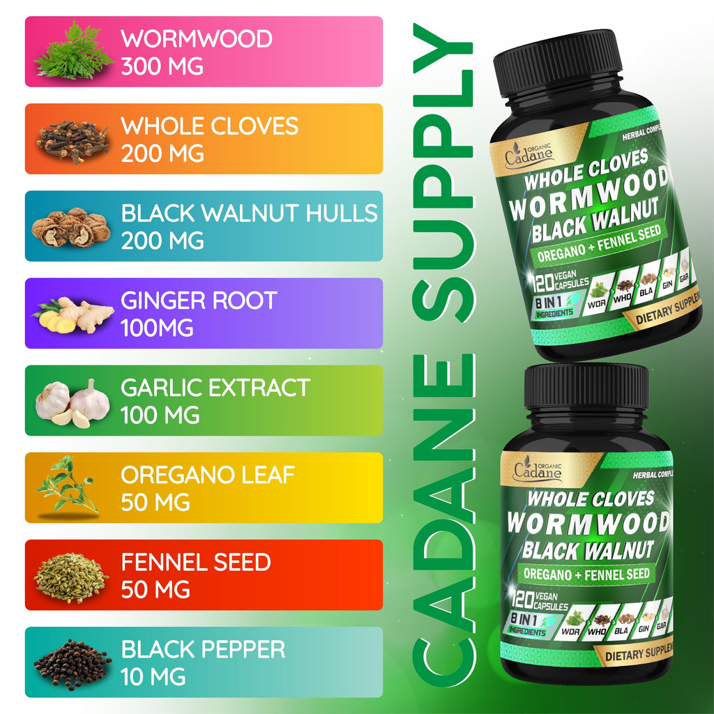 Cadane Wormwood Whole Cloves Black Walnut with Ginger, Garlic, Oregano, Fennel & Black Pepper | Digestive & Wellness Support | 120 Capsules – 60-Day