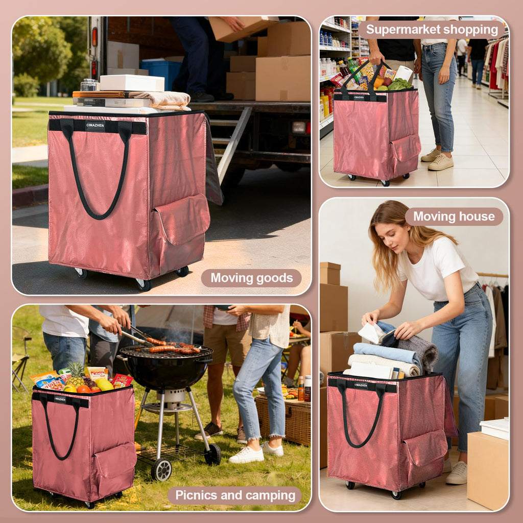 CIMAZHEN (Medium,Pink) Reusable Grocery Bag on 4 Wheels, 70L Foldable Rolling Tote Bag with 3 Handles and Zipper, Rolling Shopping Cart for Groceries, Storage, Laundry, Travel, Organizer, 76lb