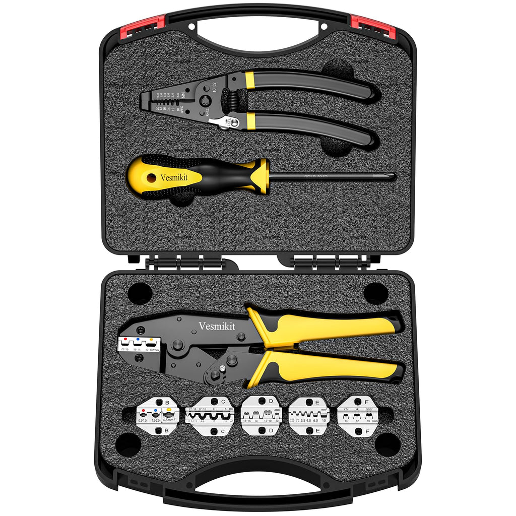 Vesmikit Crimping Tool Set 8PCS - Ratchet Wire Crimping Tool for Heat Shrink,Insulated Nylon,Non-Insulated,wire ferrules,Open Barrel Terminals,Solar Connectors - Crimper with 6 Interchangeable Die