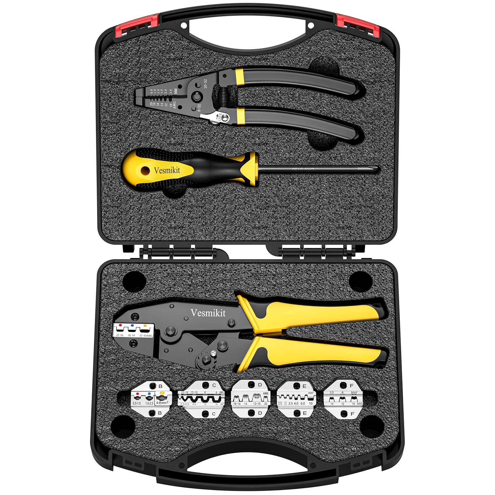 Vesmikit Crimping Tool Set 8PCS - Ratchet Wire Crimping Tool for Heat Shrink,Insulated Nylon,Non-Insulated,wire ferrules,Open Barrel Terminals,Solar Connectors - Crimper with 6 Interchangeable Die