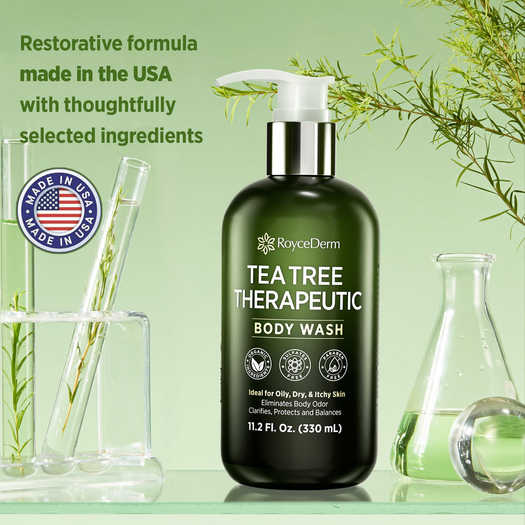 Roycederm Tea Tree Therapeutic Body Wash & Soap – Antibacterial Body Wash Odor Control Cleanser for Oily, Dry & Itchy Skin – Made in USA, 11.8 fl oz