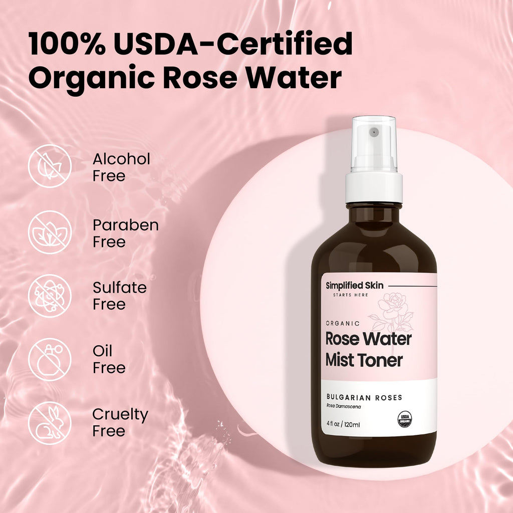 Organic Rose Water Spray for Face & Hair – Pure Rosewater Toner – Refreshing Mist for Skin Care, Makeup & Locs – Natural Rose Scent, 4 Oz (2 Pack)
