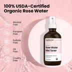 Organic Rose Water Spray for Face & Hair – Pure Rosewater Toner – Refreshing Mist for Skin Care, Makeup & Locs – Natural Rose Scent, 4 Oz (2 Pack)