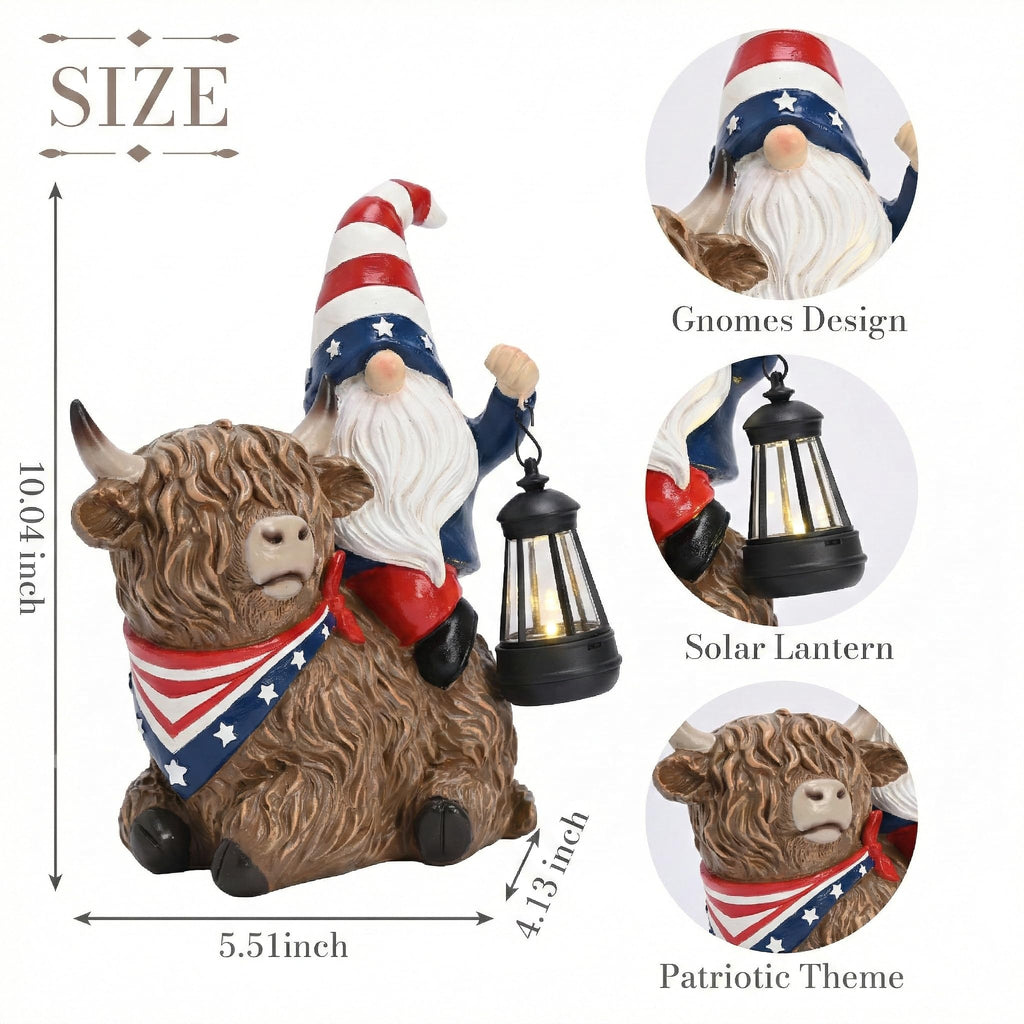 TERESA'S COLLECTIONS 4th of July Highland Cow Gnome Decorations with Solar Lantern, Memorial Day Resin Garden Yak Figurine for Home, Patriotic Independence Day USA 250th Anniversary Outdoor Decor 10"