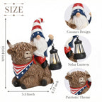 TERESA'S COLLECTIONS 4th of July Highland Cow Gnome Decorations with Solar Lantern, Memorial Day Resin Garden Yak Figurine for Home, Patriotic Independence Day USA 250th Anniversary Outdoor Decor 10"
