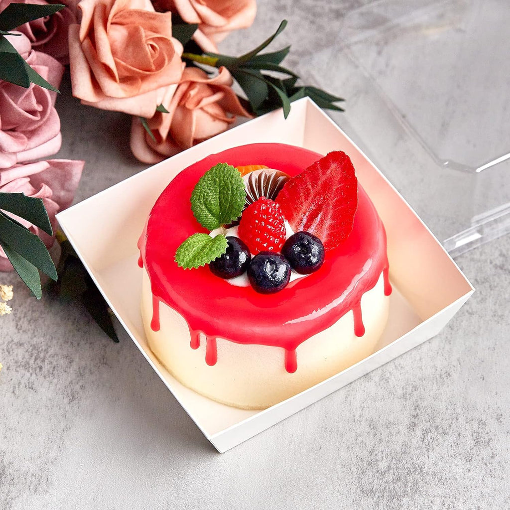 Kucoele 50 Pack Small Charcuterie Boxes with Clear Lids, 4 Inches Paper Bakery Boxes Dessert Boxes Disposable To Go Food Containers for Cookie, Cake Slice, Mini Cake, Chocolate Strawberry (White)