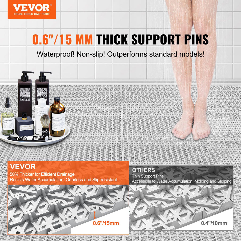 VEVOR Interlocking Tile 55PCS, Drainage Tiles 12" x 12" Splicing, Soft PVC Interlocking Drainage Floor Tiles, Non-Slip Drainage Holes for Restroom, Bathroom, Kitchen, Pool, Wet Areas, Grey