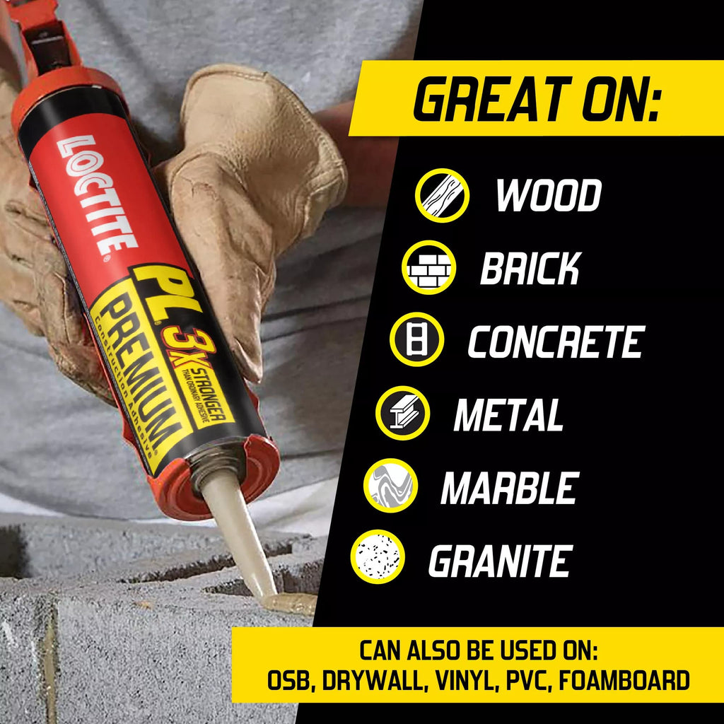 Loctite PL Premium Polyurethane Construction Adhesive, 10 fl oz Cartridge, 6 Pack - Versatile Construction Glue for Wood, Concrete, Stone, Metal & More