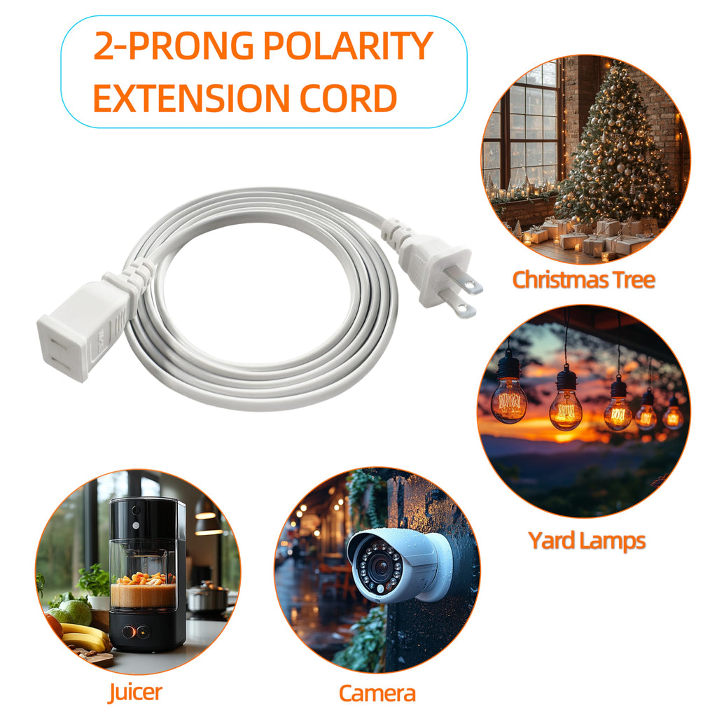 15FT White Flat Extension Cord Two Prong Polarized Light-Duty Power Cable, 125V 5A 625W for Indoor/Home Use, Slim Design for Christmas Lights, Halloween Decor, Lamps & Small Appliances (2 Pack)