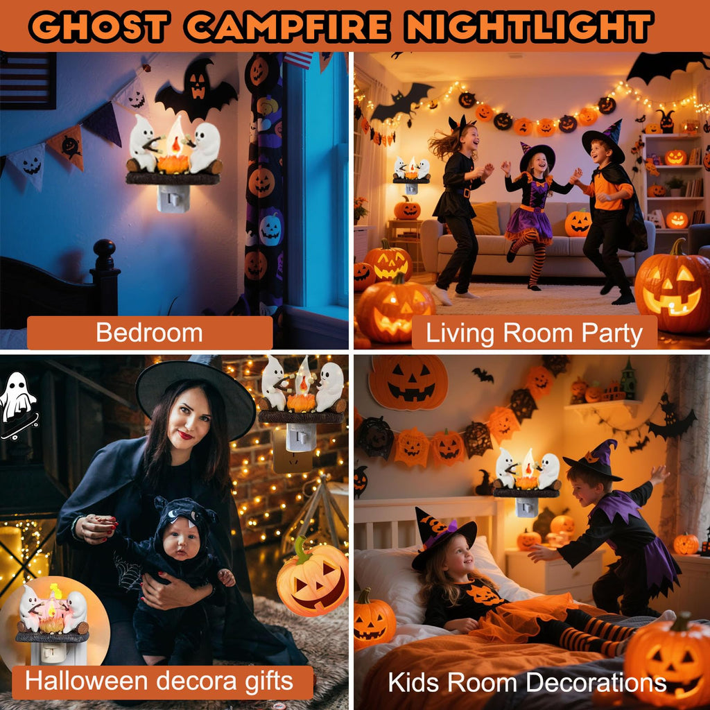 Ghosts Roasting Marshmallows Night Light, Halloween Nightlight Plug In Lamp