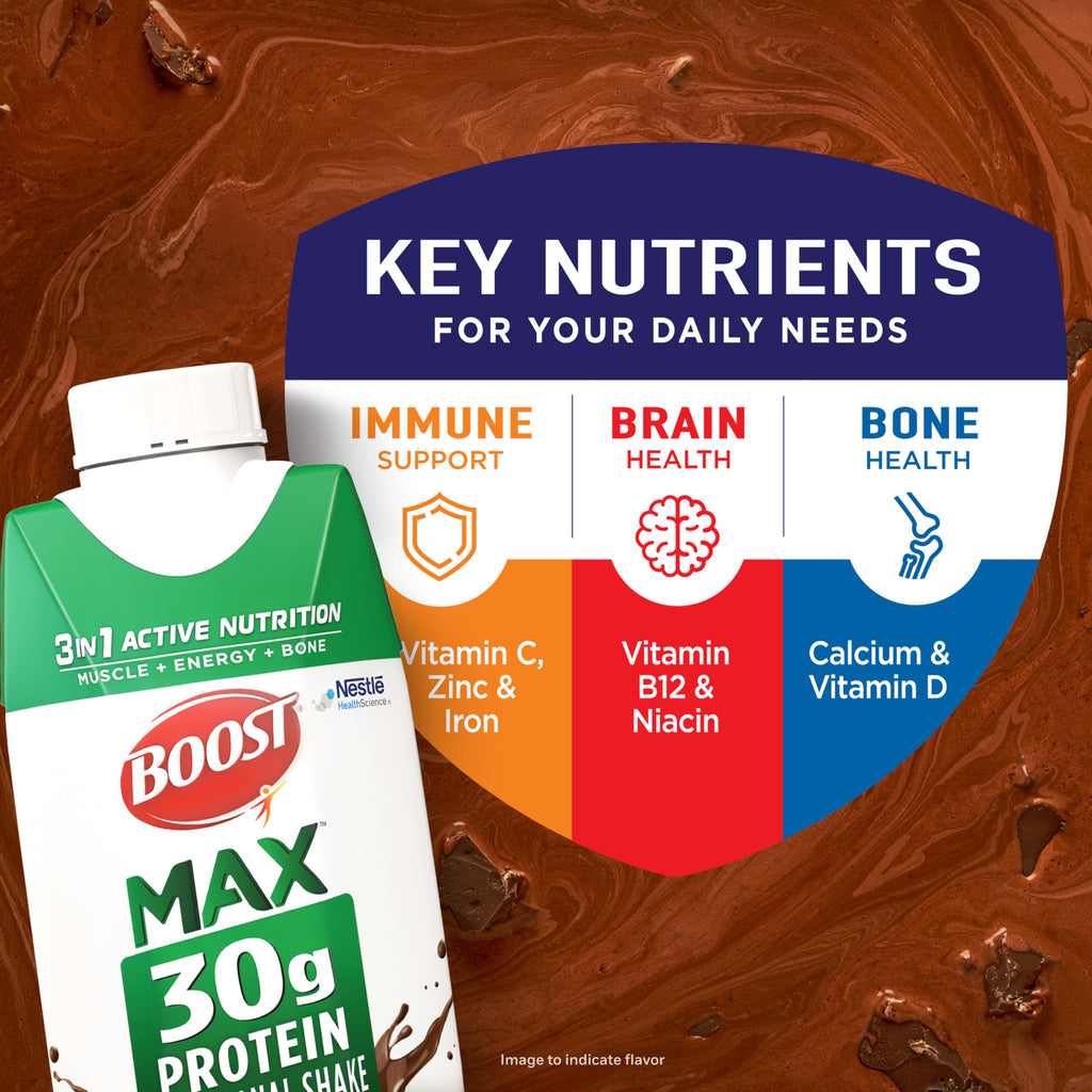 BOOST MAX Protein Shakes Ready to Drink - 30g High Protein Shake - Chocolate | Nutritional Drinks to Support Muscle Recovery After Exercise, 26 Vitamins & Minerals, 1g Sugar, 11 fl oz (Pack of 18)