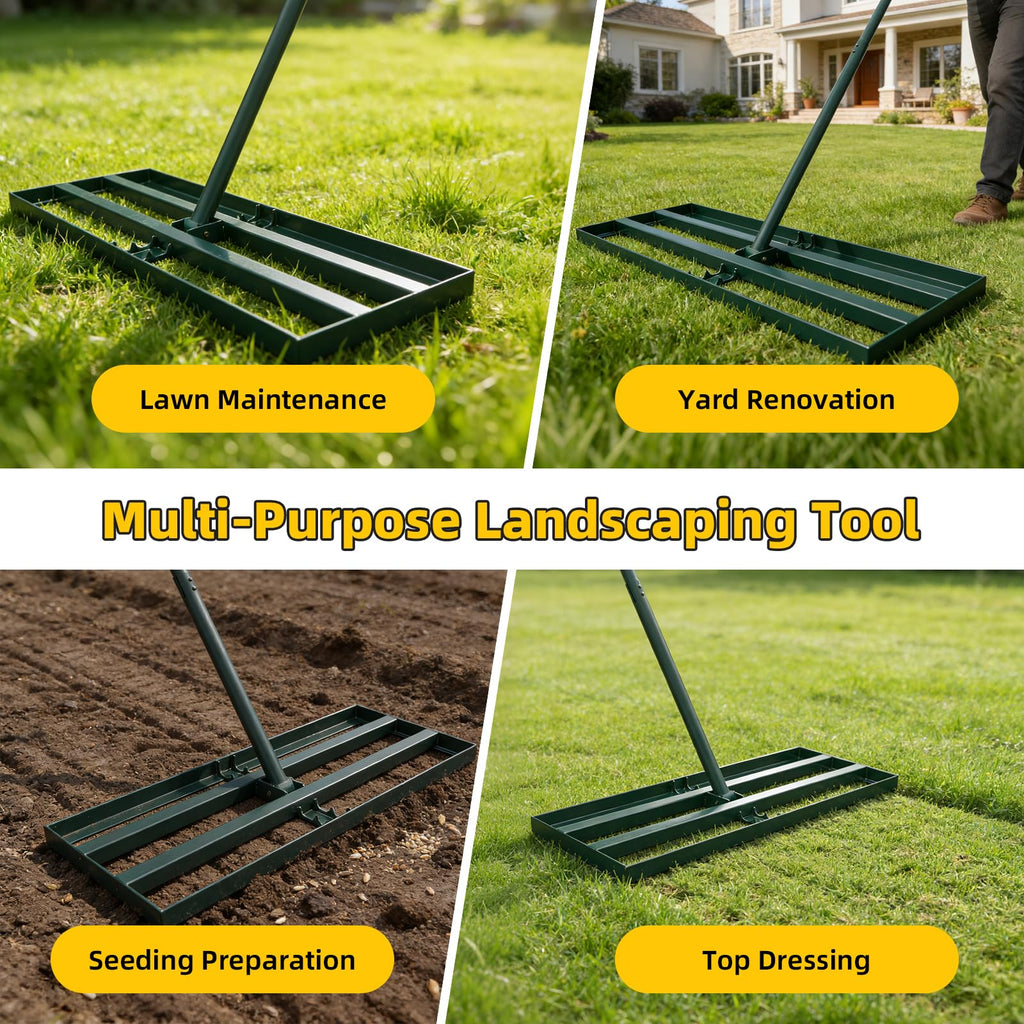 Stainless Steel Lawn Leveling Rake with 70" Adjustable Long Handle – 30"×10" Lawn Leveler for Yard & Garden Soil Leveling, Heavy Duty Top Dressing Rake for Lawn Repair, Landscaping & Grass Care