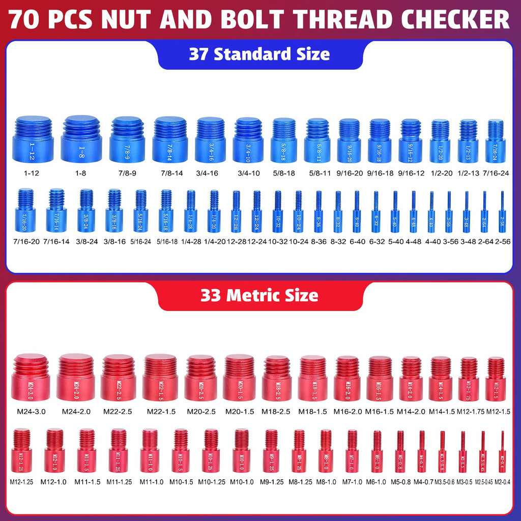 70 Pcs Thread Checker Nut and Bolt Thread Checker Set with 37 Inch and 33 Metric Box Set Thread Gauge SAE and Metric Sizes Perfect for Tight Spaces Ideal for Bolt and Nut Size Checking