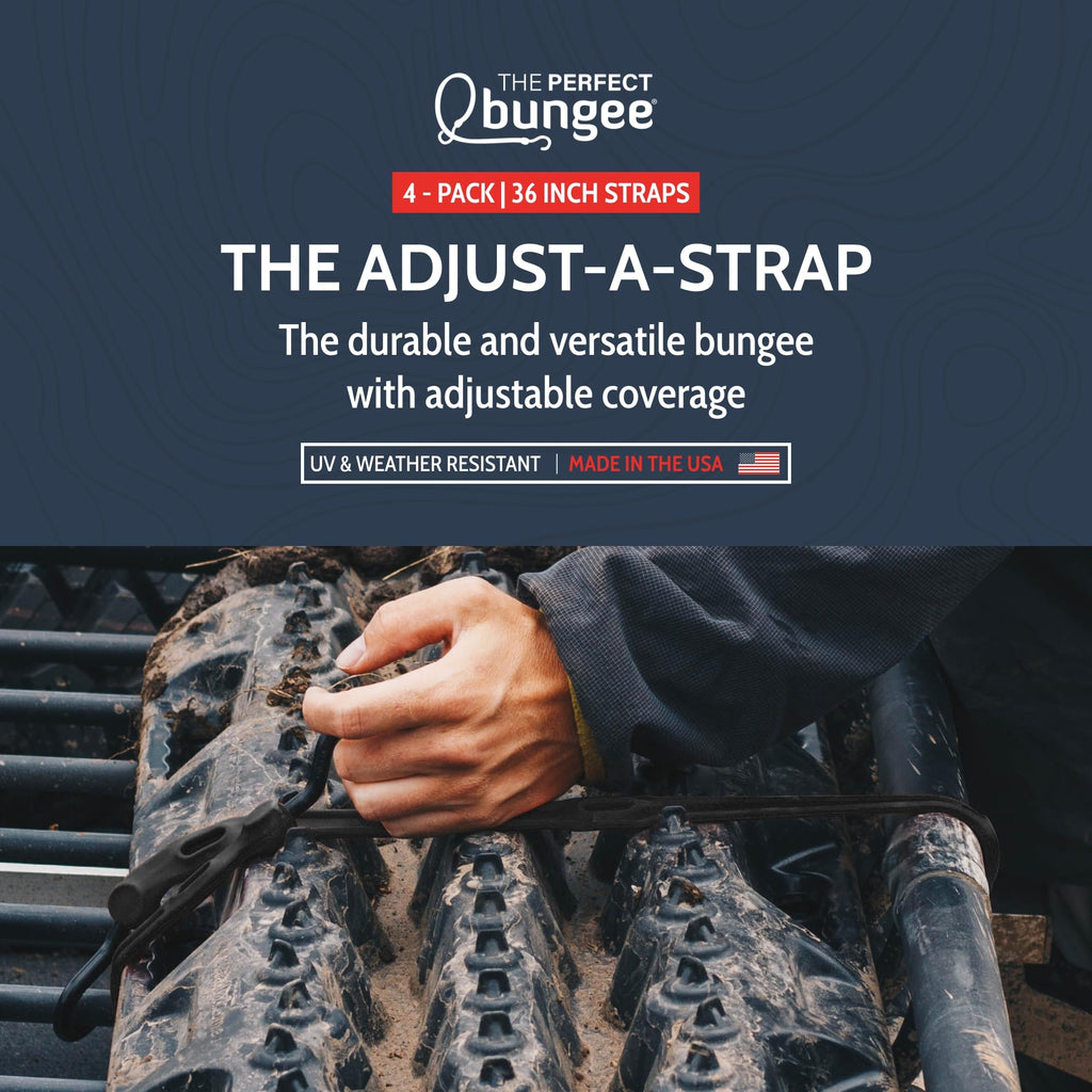 The Perfect Bungee 36" Adjust-A-Strap, Adjustable Heavy Duty Polyurethane Bungee Strap, Heavy Duty Nylon Hooks, Made in the USA, 4 Pack, Black