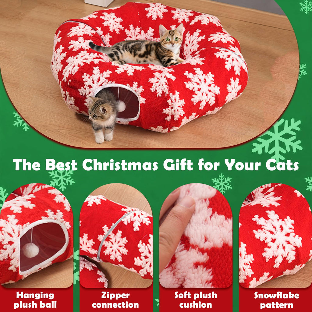 LoopTime Cat Tunnel Christmas Tree Skirt,Christmas Tree Cat Tunnel for Indoor Cats,Cat Tunnels Tree Skirt,Soft Peekaboo Hideway Bed Cave Donut Toys Circle Tunnels for Kittens & Large Cats (Red)