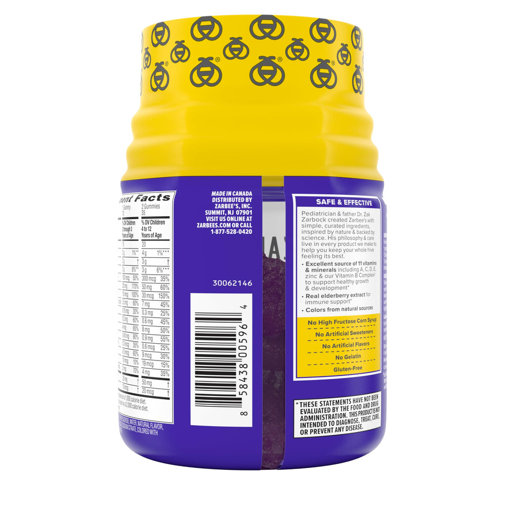 Zarbee’s Complete Kids Multivitamin Gummies + Immune Support, Berry Flavor, Honey-Sweetened, Gluten-Free & Gelatin-Free, Vitamins A, C, D3, E, B6, B12, Folic Acid & B-Complex, 70 Count